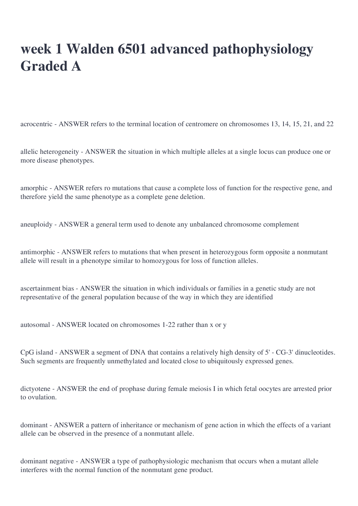 Preview image for week 1 Walden 6501 advanced pathophysiology Graded A